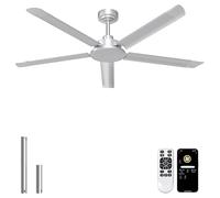 Ohniyou 60 inch Ceiling Fan No Light - Large Industrial Ceiling Fans with Remote & APP Control, 5 Aluminum Blades, Quiet DC Motor for Patio, Living Room, Shop, Garage (Silver-No Light, 60 inch)