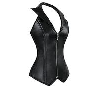 OHO women's Top Drawer Overbust Zipper Real Leather Collared Original Steel Boned Corset Bustier C90L (S/24" Corset, Black-Real Leather)