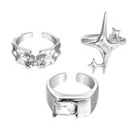 OHPHCALL 3 Pieces Open Silver Rings Set with Radiant Sparkling Design, Adjustable Hollow Statement Rings for Women and Teens, Delicate Shiny Coquette Jewelry for Daily Wear