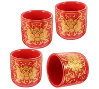 OHPHCALL 4pcs Ceramic Water Offering Cups Set, Red Gold Rimmed Meditation Cups for Buddhist Home Altar, Tabletop Holy Water Containers with Patterned Edges, Suitable for Temple and Ritual