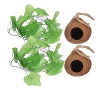 OHPHCALL 4pcs Coconut Shell Reptile Pet Nest Set with 2 Small Coconut Shell Houses and 2 Artificial Vines for Lizard and Crested Gecko Habitat Hideout and Climbing Decor