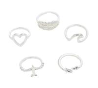 OHPHCALL 5pcs Hollow Leaf Waves Rings for Women Lightweight Alloy Fashion Rings with Loving Heart and Plane Wave Designs Comfortable Silver-tone Stackable Jewelry