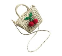 OHPHCALL Lovely Beige Straw Weaving Portable Storage Bag with Simulated Cherry Decoration, Adorable Crossbody Handbag with Moderate Storage Space, Suitable for Many Occasions