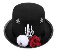 OHPHCALL Top Hat Lightweight Felt Steampunk Gothic Black with Red Rose and Skeleton Hand Victorian High Top Hat for Day the Dead Celebration and Costume Party