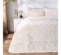 OHS 10.5 Tog Double Duvet, Soft Warm Teddy Fleece Cable Knit Design Autumn Winter Coverless Duvets Comfy Cosy Washable Quilted Coverless Double Duvet with Pillowcases, Cream