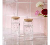 Ohs 2 Pack Bow Print Plastic Cups With Bamboo Lids Clear Drinking Jar