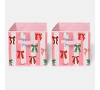 OHS 2 Pack Bow Stripe Cube Storage Boxes Collapsible Cube Boxes, Pink/White | Fabric Storage Boxes Home Organiser Toys Clothing Bathroom Pop Up Foldable Square Bins with Handles Shelves Organiser