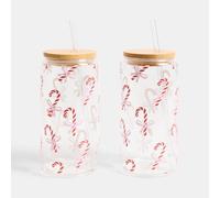 Ohs 2 Pack Christmas Plastic Cups With Bamboo Lids Clear Drinking Jar - Candy Cane