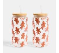 Ohs 2 Pack Christmas Plastic Cups With Bamboo Lids Clear Drinking Jar - Gingerbread