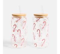 OHS 2 Pack Christmas Plastic Cups with Bamboo Lids Clear Drinking Jar in Red | Size: 600ml OHS Red 600ml