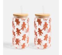 OHS 2 Pack Christmas Plastic Cups with Bamboo Lids Clear Drinking Jar | Size: 600ml OHS Clear 600ml