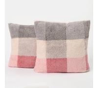 OHS 2 Pack Gingham Check Teddy Fleece Soft Cushion Covers, Blush - 45 X 45Cm