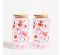 OHS 2 Pack Halloween Plastic Cups with Bamboo Lids Clear Drinking Jar in Pink | Size: 600ml OHS Pink 600ml