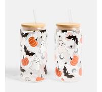 OHS 2 Pack Halloween Plastic Cups with Bamboo Lids Clear Drinking Jar | Size: 600ml OHS Clear 600ml