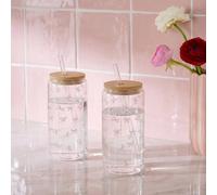 OHS 2 Pack Printed Plastic Cups with Bamboo Lids Clear Drinking Jar in Baby Pink | Size: 600ml OHS Baby Pink 600ml