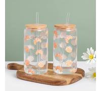 OHS 2 Pack Printed Plastic Cups with Bamboo Lids Clear Drinking Jar | Size: 600ml OHS Clear 600ml