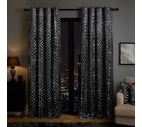 OHS 2 Panel Window Curtains Metallic Velvet Eyelet Curtain, Soft Velvet Fabric Dark Grey Geometric Design Curtains Set For Living Room & Bedroom, Charcoal - 90x90