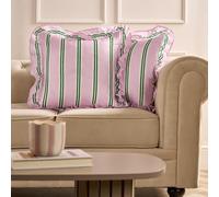 Ohs 2 X Double Stripe Faux Linen Frill Cushion Covers - Pink/green