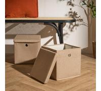 Ohs 2 X Fabric Storage Boxes With Lid Foldable Square Organiser - Natural