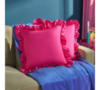 OHS 2 x Plain Faux Linen Frill Cushion Covers in Bright Pink | Size: 45 cm x 45 cm OHS Bright Pink 45 cm x 45 cm