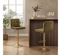 Ohs 2 X Velvet Adjustable Bar Stool Swivel Pub Seat Kitchen Counter Chair - Olive/gold
