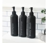 OHS 3 Pack Pump Bottle Dispensers, Refillable Empty Press Pump Bottles Black Plastic Shampoo and Conditioner Dispenser Shower Gel Dispenser Bathroom Soap Dispensers with Labels