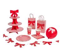OHS 41 Pcs Bows Birthday Decorations for Girls Kids Party Set, Red/White | Paper Material Christmas Decorations Paper Cups, Plates Set, Napkins, Gift Bags, Latex Balloons, Cake Stand & Bow Bunting