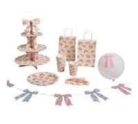 OHS 41 Pcs Croissant Bow Birthday Decorations Kids Party Set, Brown | Paper Material Party Decorations Paper Cups, Plates Set, Napkins, Gift Bags, Latex Balloons, Cake Stand & Bow Bunting