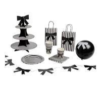 OHS 41 Pieces Bow Print Birthday Decorations Paper Party Set, Black/White | Girls Kids Party Christmas Decorations Paper Cups, Plates Set, Napkins, Gift Bags, Latex Balloons, Cake Stand and Bow Bunting