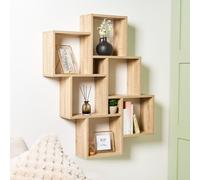 OHS 6 Tier Cube Shelves for Wall, Wooden Wall Mounted Shelving Unit Display Shelf Rack Storage Organiser Unit Decorative Floating Book Shelf for Living Room Bedroom, Natural