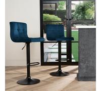 OHS Adjustable Bar Stools X 2 Velvet Swivel Seat Kitchen Chair, Navy Blue