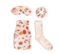 OHS Autumn Hot Water Bottle Gift Set Hallowen Pumpkin Winter Autumn Gifts Includes 750ml Hot Water Bottle, Eye Mask, Fluffy Socks, Fluffy Scrunchie, Draw String Bag, Beige