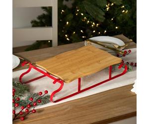 OHS Bamboo Serving Board Wooden Sleigh Xmas Decorations Christmas Serving Platter Charcuterie Cheese Boards with Sturdy Metal Frame Christmas Chopping Board for Snacks Food Prep