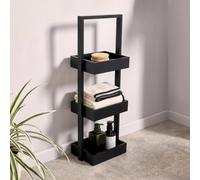 OHS Bathroom Caddy Freestanding Bamboo 3 Tier Bathroom Shelves, Black | Wooden Tidy Storage Organiser for Shampoo Towels Toiletries Corner Shelf Standing Shower Caddy Bathroom Accessories