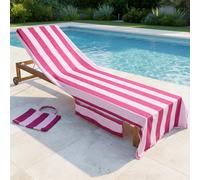 OHS Beach Towels for Adults Sun Lounger, Soft Quick-Dry Absorbent Stripe Sunbed Towels with Pockets Large Microfibre Beach Towel Summer Holiday Essentials, 75 x 215cm - Burgundy/Pink