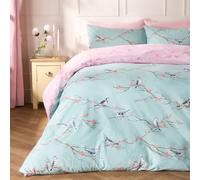 Dreamscene Blossom Bird Reversible Floral Quilt Duvet Cover with Pillowcase Bedding Set, Duck Egg Blush - King