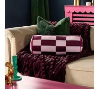 OHS Bolster Cushion Checkboard Matte Velvet Cylinder Pillow Soft Neck Roll Pillows for Sleeping Armrest Head Support Yoga Cushions for Sofa Bolster Pillow, Pink/Burgundy - 46 x 20cm