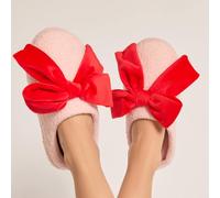 OHS Bow Boucle Fleece Mule Slippers Christmas Festive Slip On in Pink | Size: Small OHS Pink S