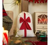OHS Bow Christmas Sack Decorative Santa Sack Large, Red/Cream - 50 x 70cm | Drawstring Neck Closure Traditional Christmas Feel Reusable Every Year Bow Detail Trim Fits Under the Tree Neat Finished Look