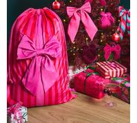 OHS Bow Christmas Sack Santa Stocking Xmas Sack, Pink Stripe - 50 x 70cm | Drawstring Neck Closure Traditional Christmas Feel Reusable Every Year Bow Detail Trim Fits Under the Tree Neat Finished Look