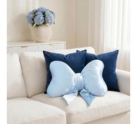 OHS Bow Cushion Blue Plush Velvet Cute Room Decor Novelty Scatter Cushions
