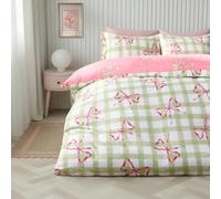 Ohs Bow Gingham Bedding Set Microfibre Duvet Cover With Pillowcase, Green/white - Single