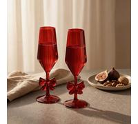 OHS Bow Plastic Champagne Flutes Set of 2 Prosecco Wine Glasses, Red