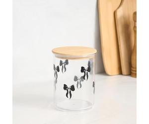 OHS Bow Print Airtight Food Storage Container Bamboo Lid, BPA Free Plastic Containers With Lids Round Small Container Kitchen Organisation for Cereal Sugar Spices & Baking Supplies, Black/Clear