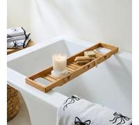 OHS Bow Print Bath Shelf Over Bath Bamboo Home Spa Bath Caddy,Natural/Black | Bathroom Accessories Slatted Wooden Bath Tray for Candles Wine Glass Anti Slip Bathtub Trays Gifts for Women