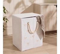 Ohs Bow Print Boucle Laundry Basket Folding Hamper Bag With Lid - Natural