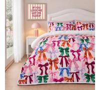 OHS Bow Print Coverless Duvet Sherpa Reverse Single Duvet 10.5 Tog, Multi | Single Bedding with Pillowcase Soft Warm Thermal Microfibre Coverless Quilt Summer Winter Travel Camping Duvet