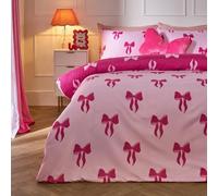 OHS Bow Print Double Duvet Set, for Women Super Soft Warm Cosy Bow Bedding Comfy Microfibre Reversible Girls Bedding with Pillowcases, Red/Hot Pink