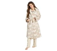OHS Bow Print Dressing Gown Womens Teddy Marl Soft Hooded Bathrobe, Beige