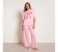 OHS Bow Print Short Sleeve T-Shirt Soft Pyjama Set Nightwear in Pink | Size: S/M OHS Pink S/M